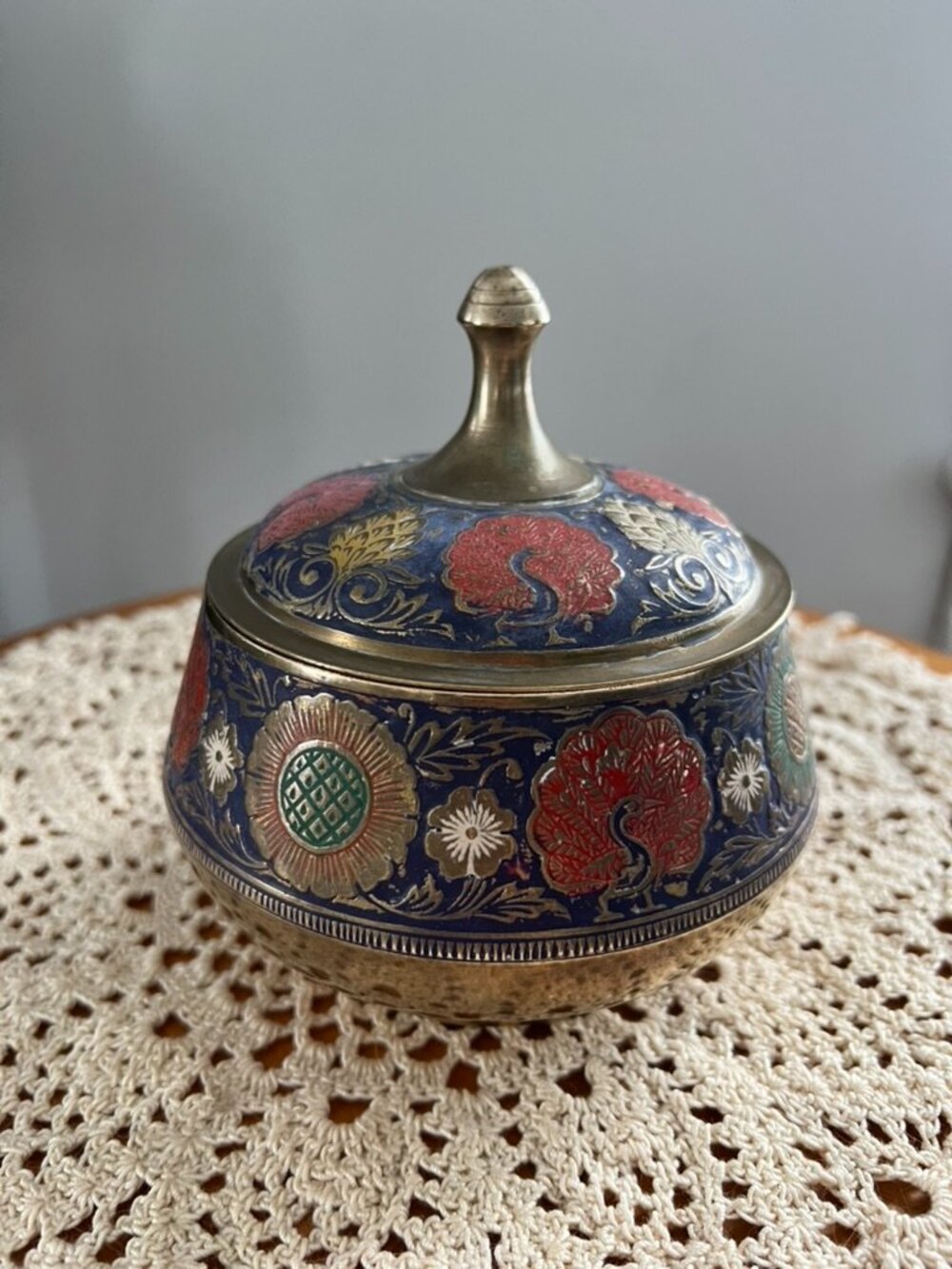 Vintage Brass Enamel Peacock Trinket Box Lidded India Boho Decor
